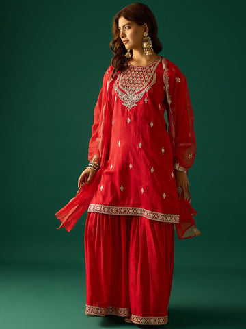 Zari Work Kurta With Sharara And Dupatta